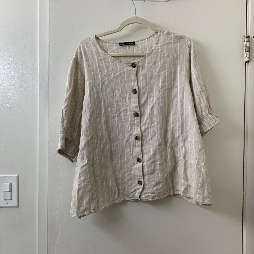 M&S Cropped Stripped Beige Top with Elastic Sleeve